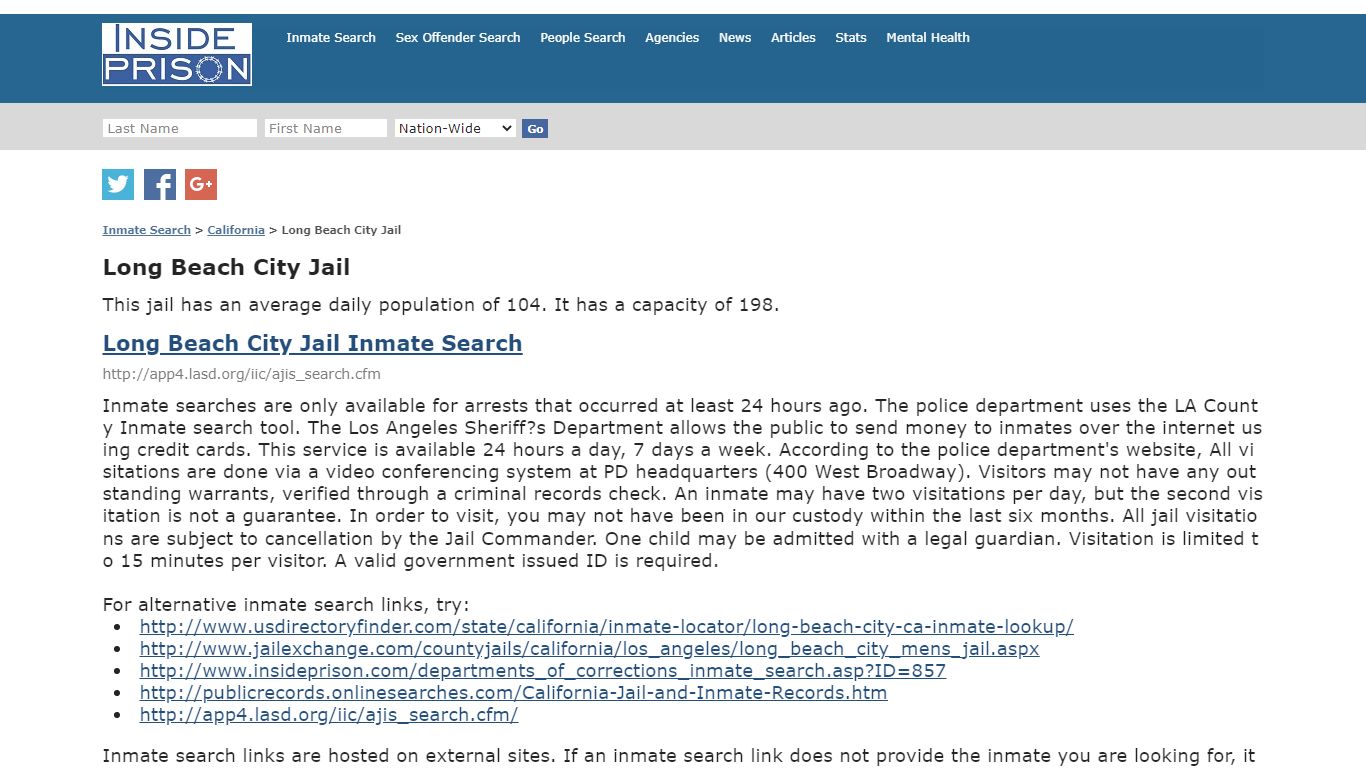 Long Beach City Jail - California - Inmate Search